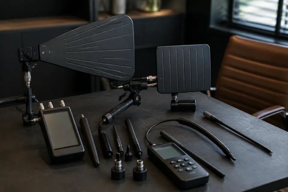 Directional RF antennas and inspection tools arranged on a work surface