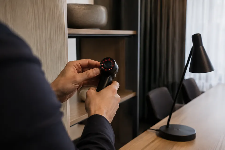 Hands holding an optical inspection tool beside a shelf