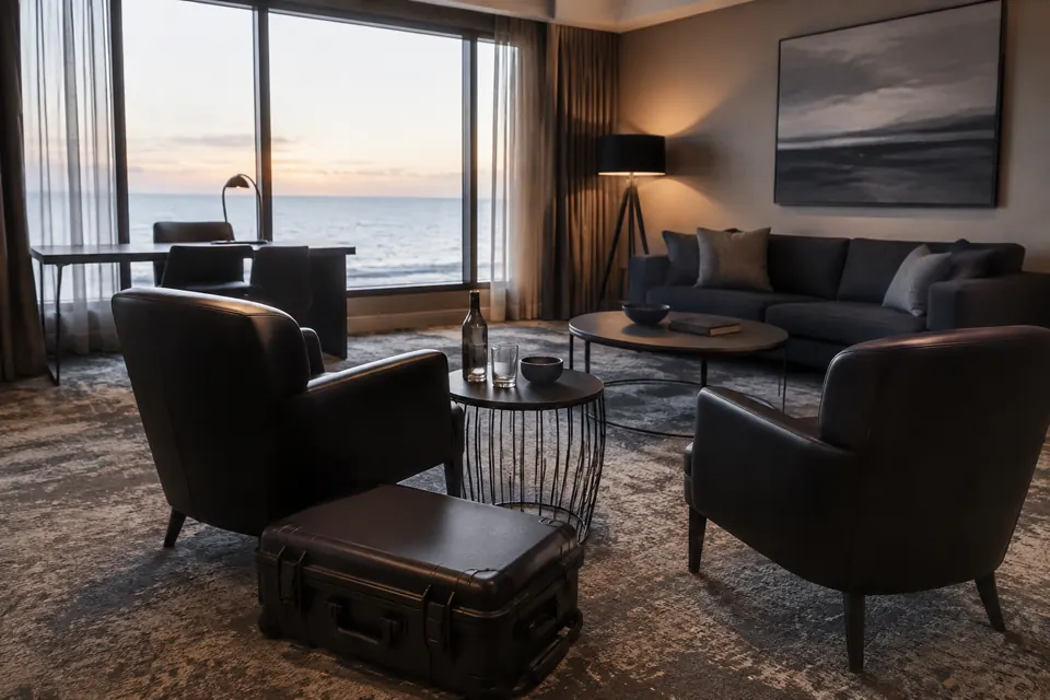 Quiet hotel suite with an inspection case beside meeting chairs